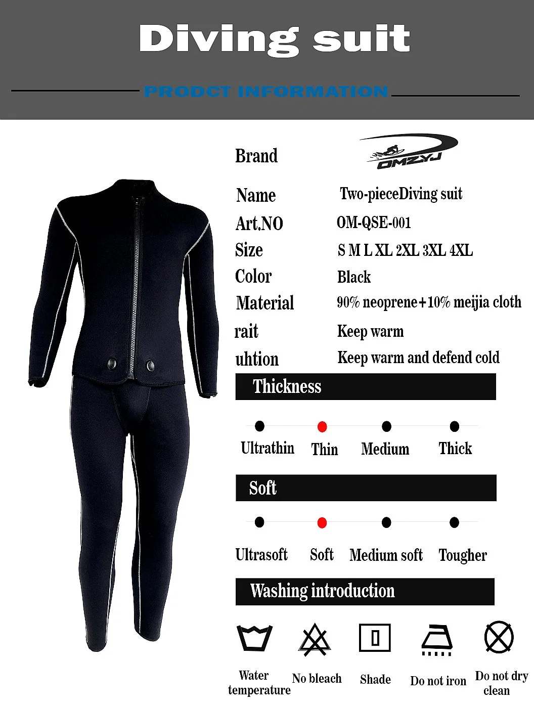 All Black Spearfishing Wetsuit Men′s 3mm /5mm Neoprene 2-Piece Hooded Super Elastic Wetsuit